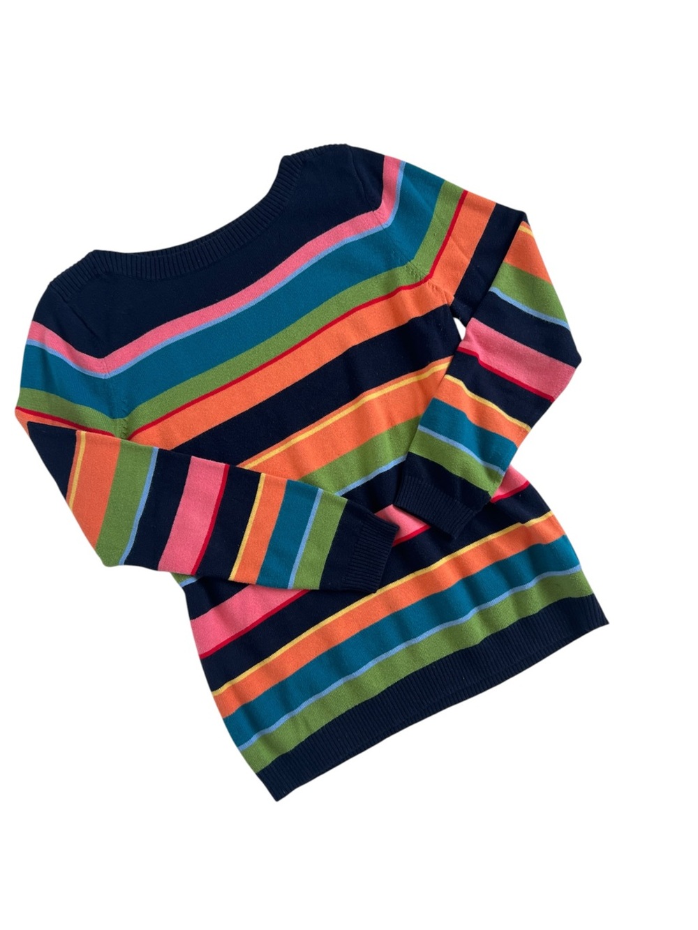 Talbots Large Rainbow Stripe Cotton Blend Sweater Navy Preppy